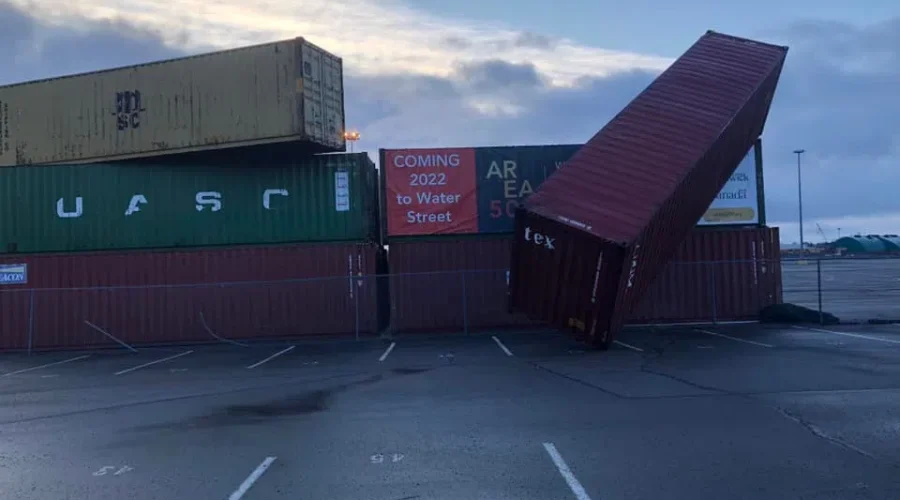 Wind Topples Heavy Containers On Long Wharf