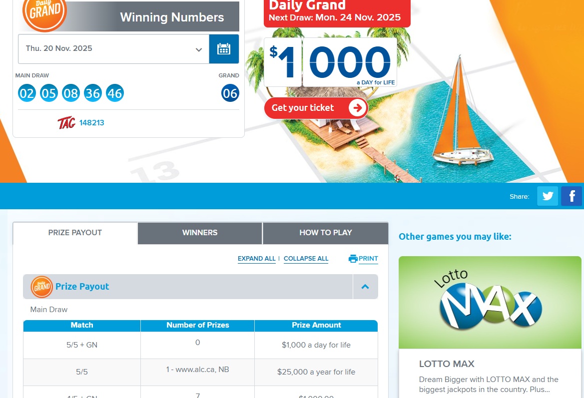 Daily Grand winning numbers November 20th (November 2025) (Image: ALC website)